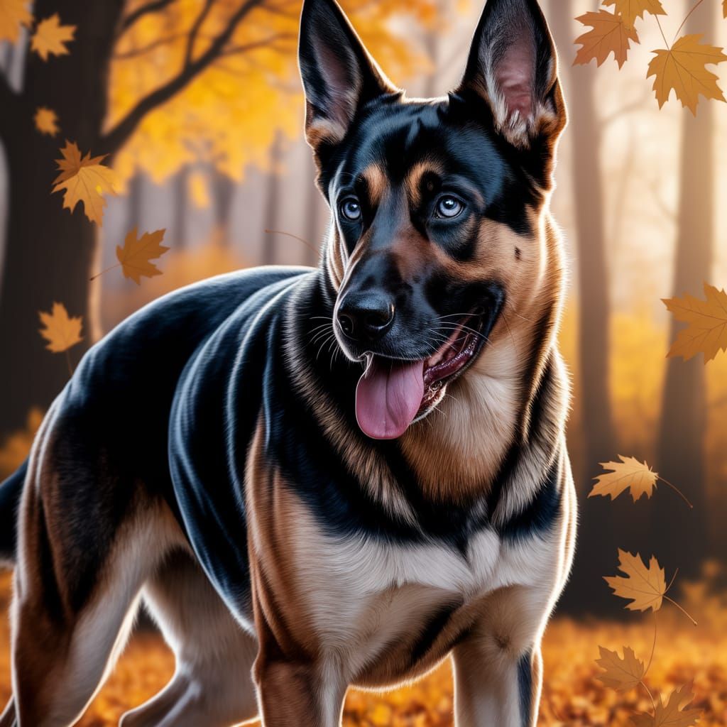Intense German Shepherd in Autumn Landscape