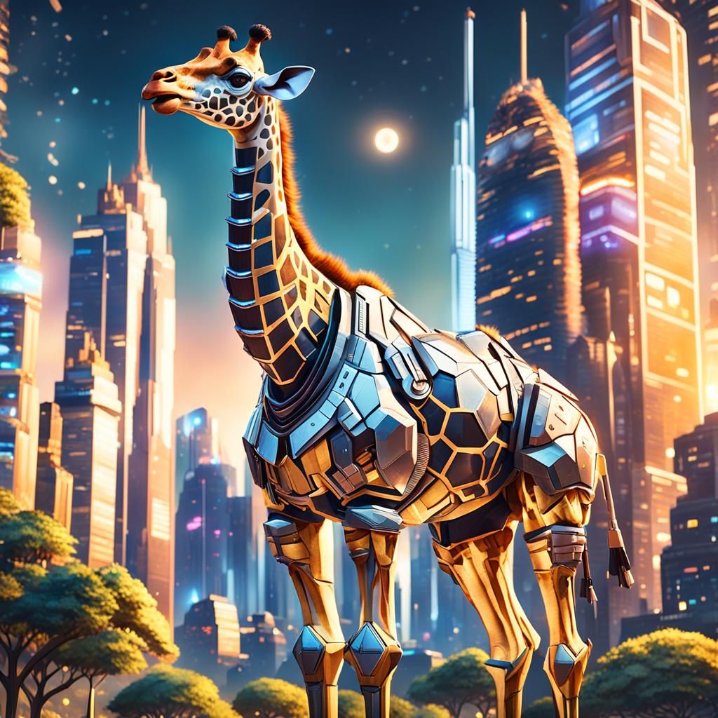 Giraffe in Futuristic Armor on City Planet