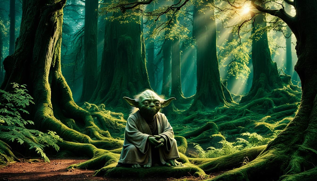 Yoda in Forest Offering Wisdom, Pre-Raphaelite Art