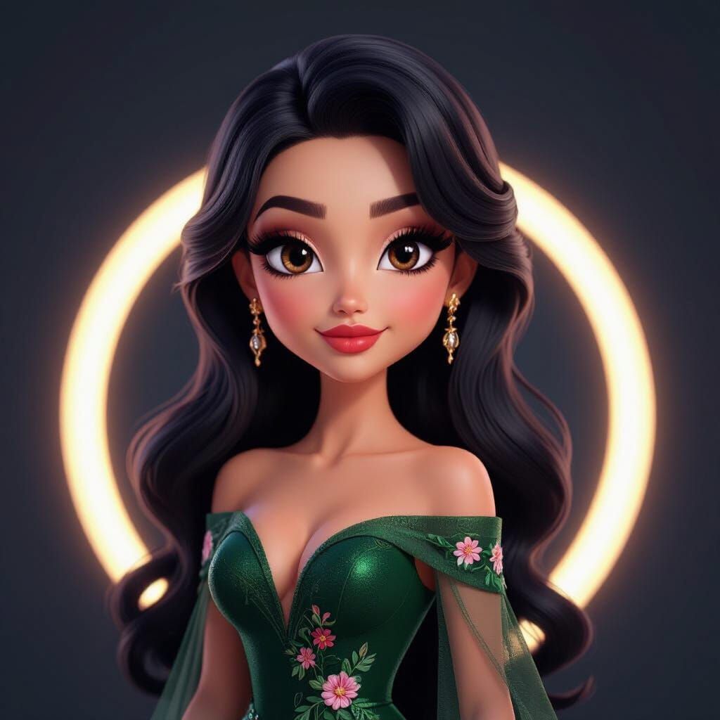 Elegant 3D Cartoon Woman in Dark Green Gown