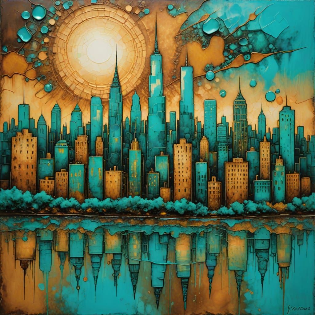 Turquoise Cityscape at Sunset in Impasto Style