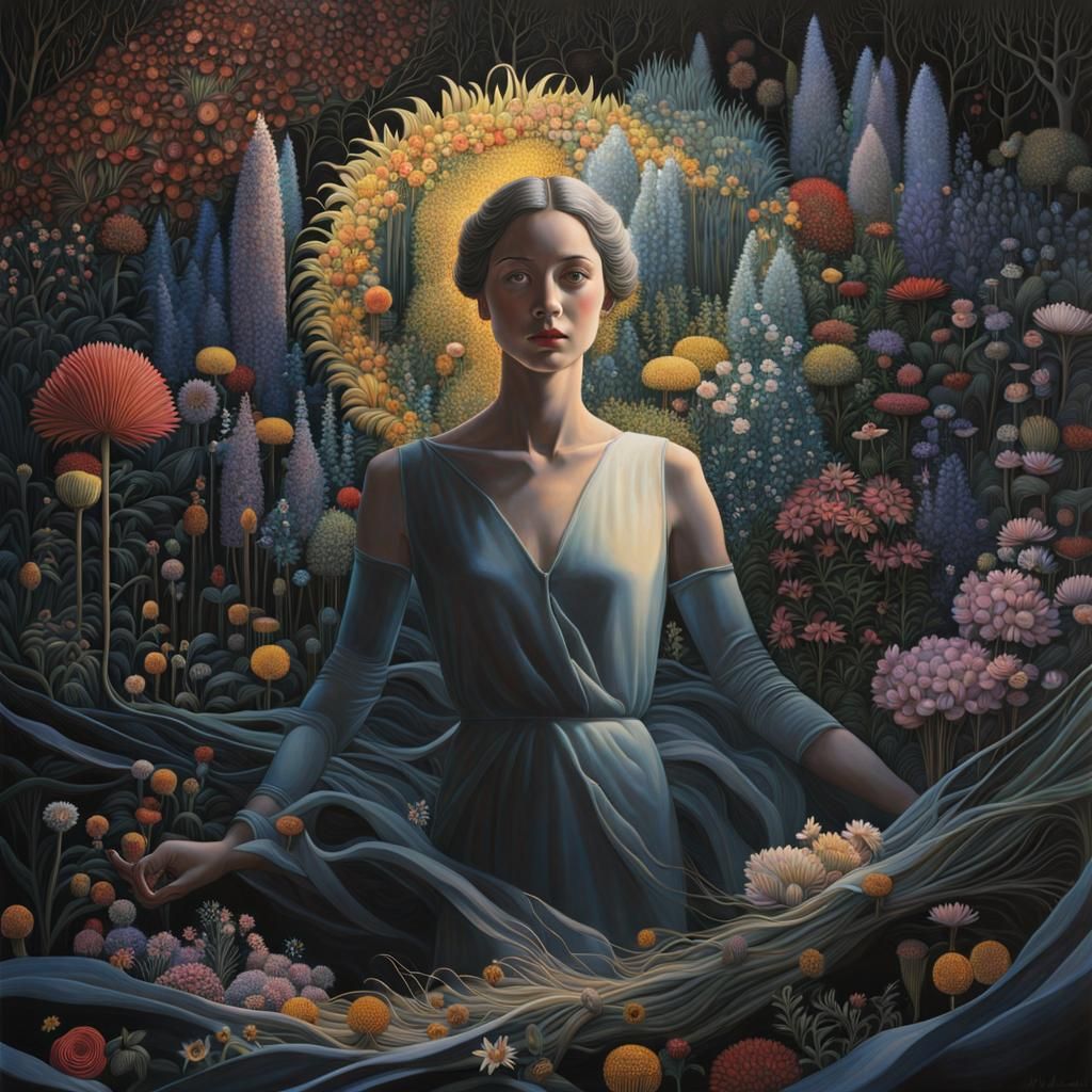 Sunset Woman in Floral Forest, Magic Realism