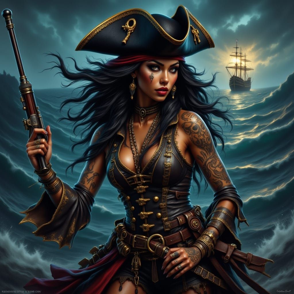 Fierce Afrocentric Pirate Woman with Tribal Tattoos
