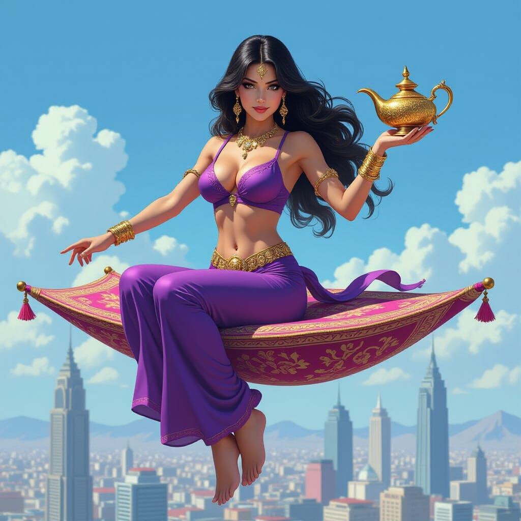 Superheroine on Flying Carpet Over City, Frazetta Style