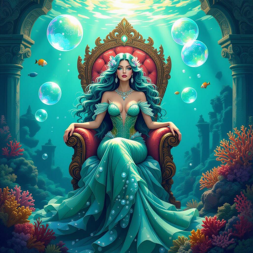 Majestic Mermaid Kingdom in Bubbles, Folk Art Nouveau