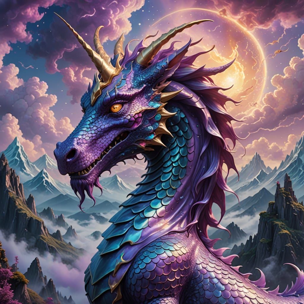 Ethereal Dragon Unicorn in Vibrant Surreal Landscape