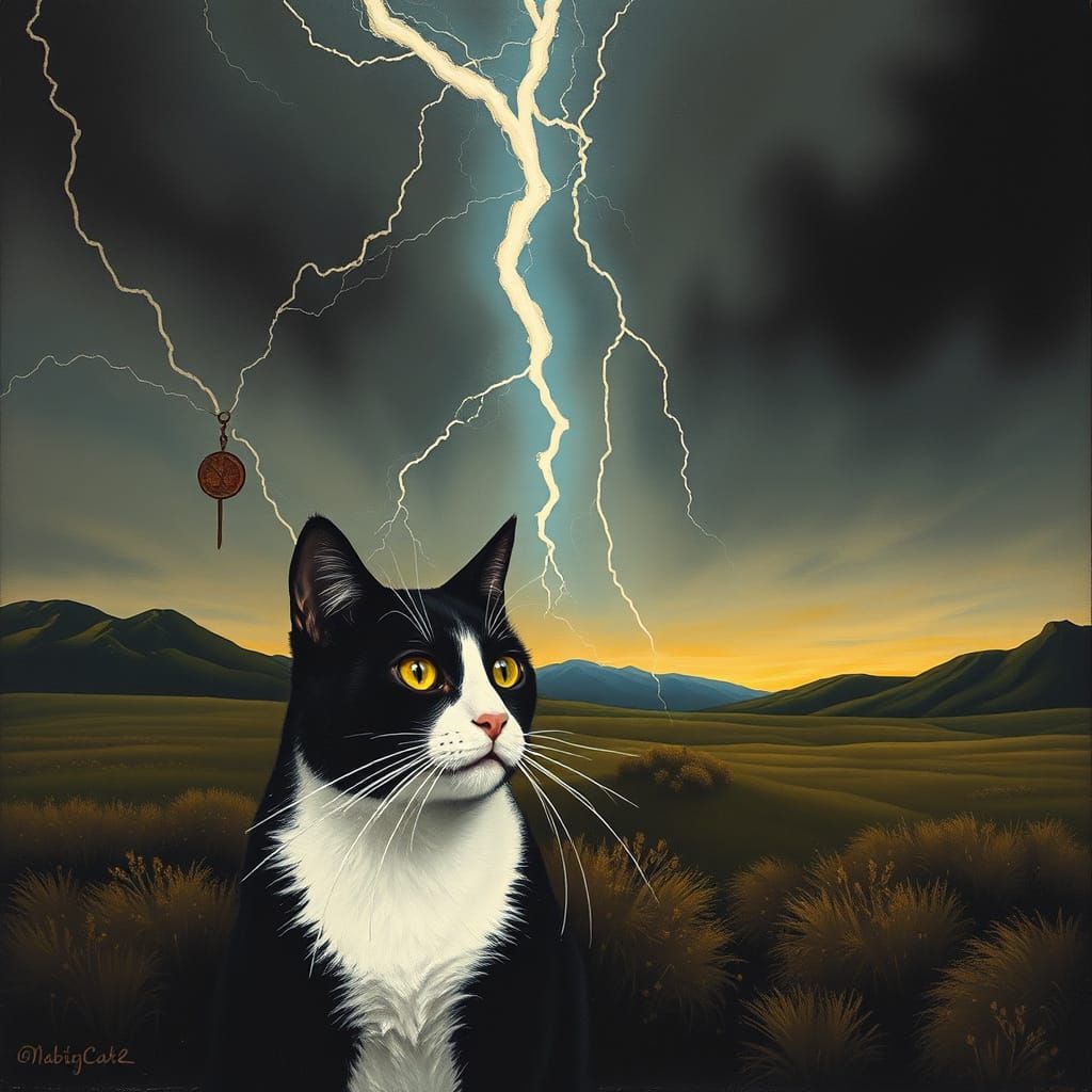 Serene Tuxedo Cat Amidst Rust and Thunder