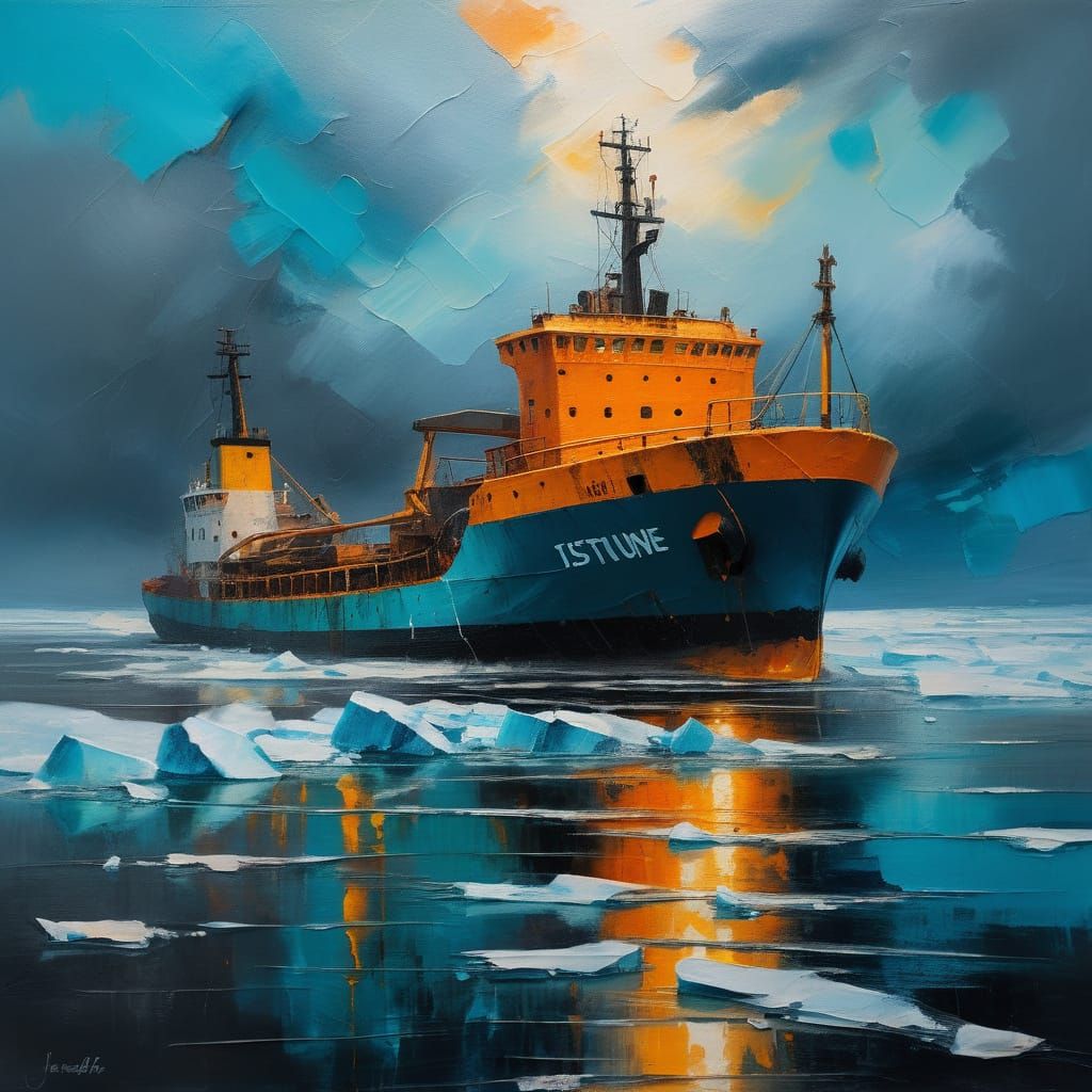 Polar ice breaker caught on shelf in storms. Atmospheric moo...