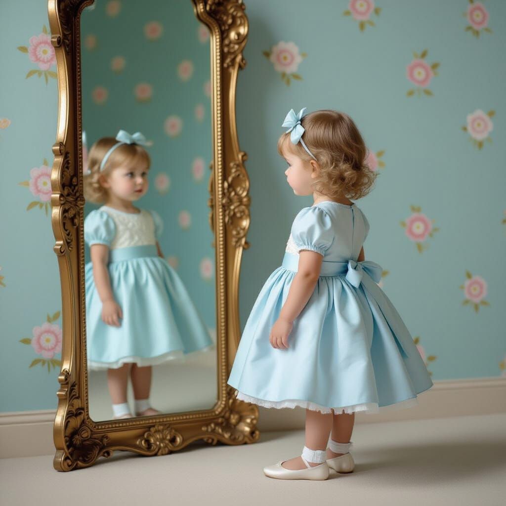 Girl in Blue Dress Before Antique Mirror
