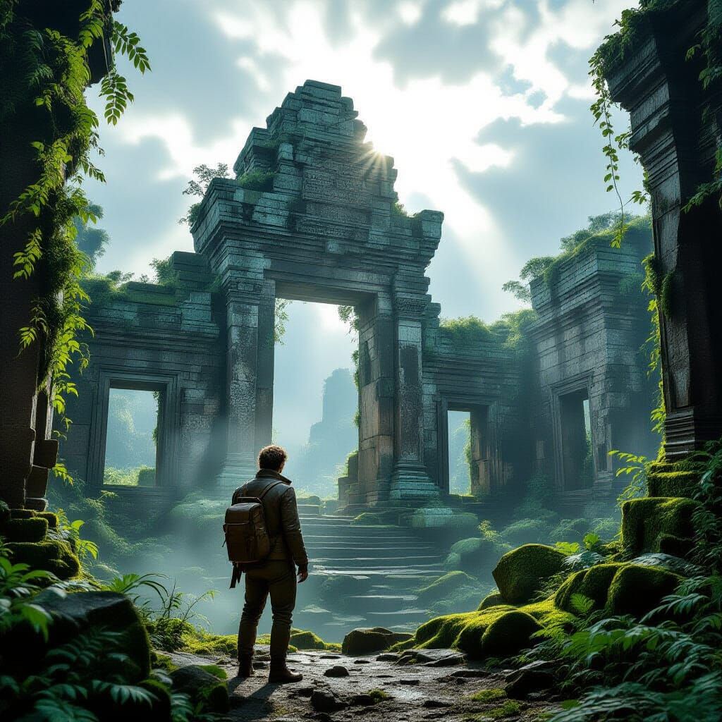 Explorer at Ancient Ruin in Cinematic Style