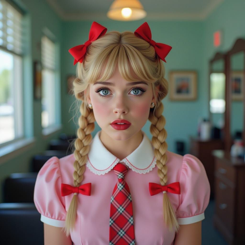 Surprised Young Woman with Blonde Pigtails in Cinematic Film...