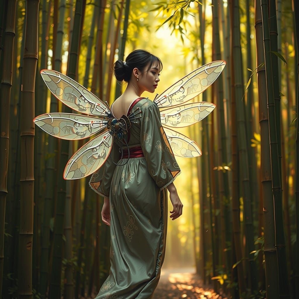 Elegant Woman Soars Through Bamboo Forest with Iridescent Ha...