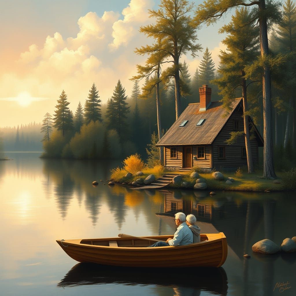 Cozy Lakeside House with Couple in Boat