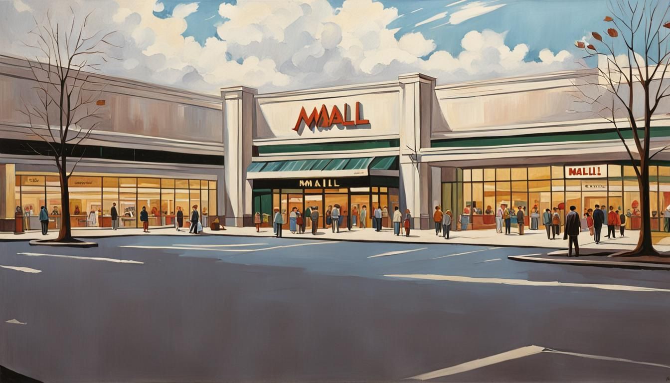 Vintage 1985 Oil Painting of a Mall
