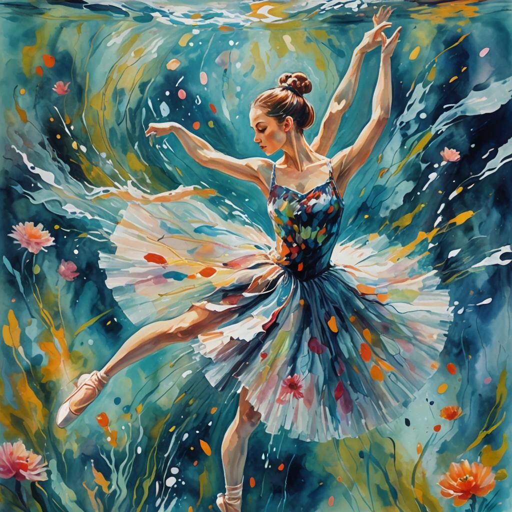 Underwater Ballerina in Gouache Impressionist Style