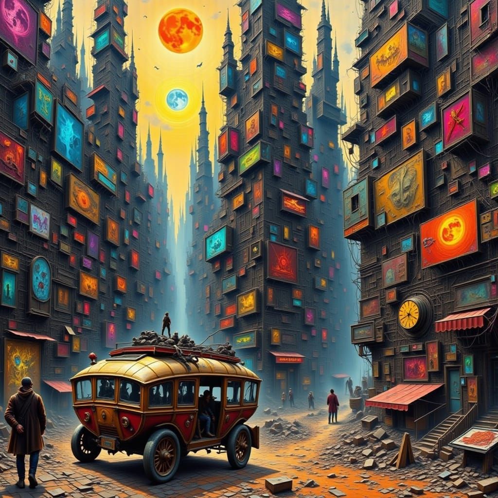 Dystopian Gypsy Trek Through Futuristic City