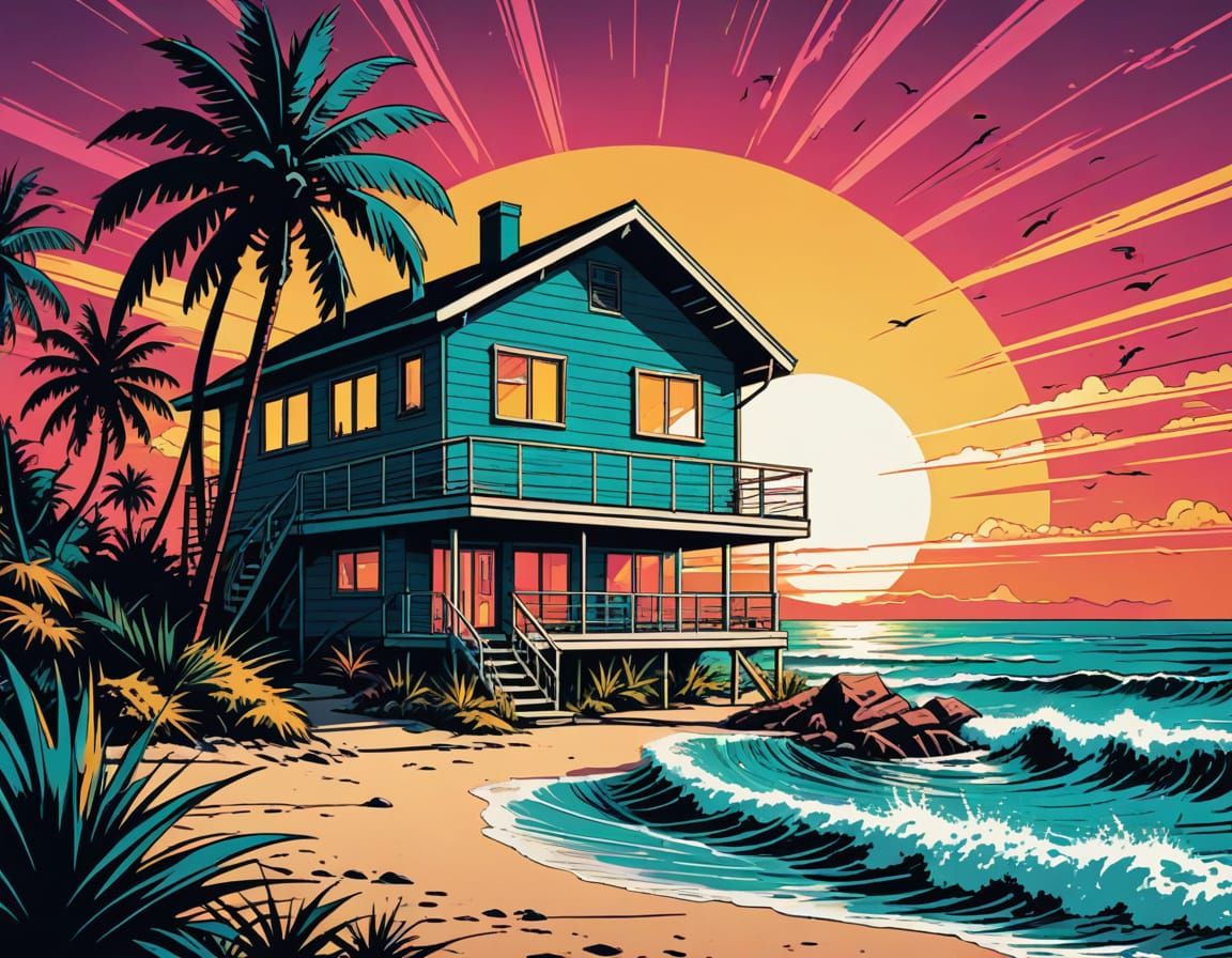 Retro Beach House in Vibrant Comic Book Style