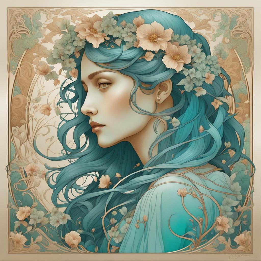 Art Nouveau Woman with Flowing Hair and Flowers