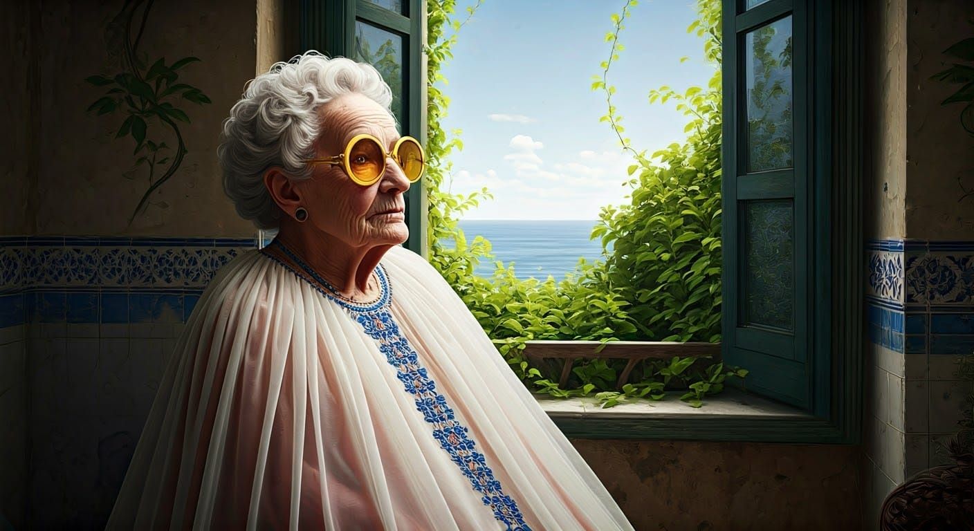 Elderly Woman with Pink Hair in Mediterranean Bathroom