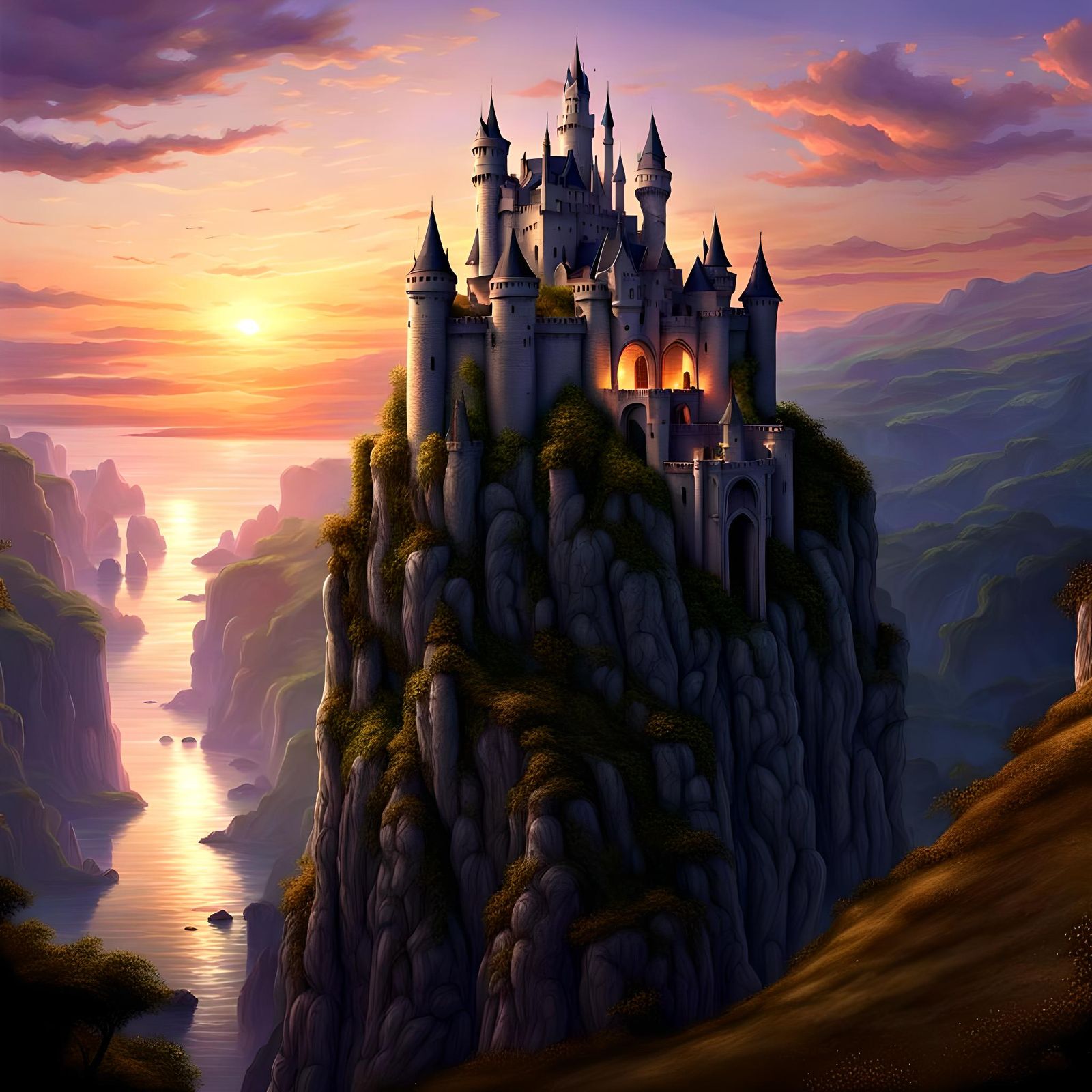 Fantasy castle, cliff, vista, sunset