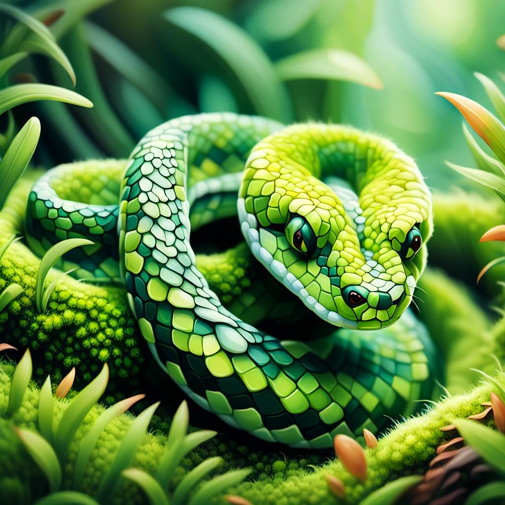 Cute Moss Snake Family Portrait in Oil Painting Style