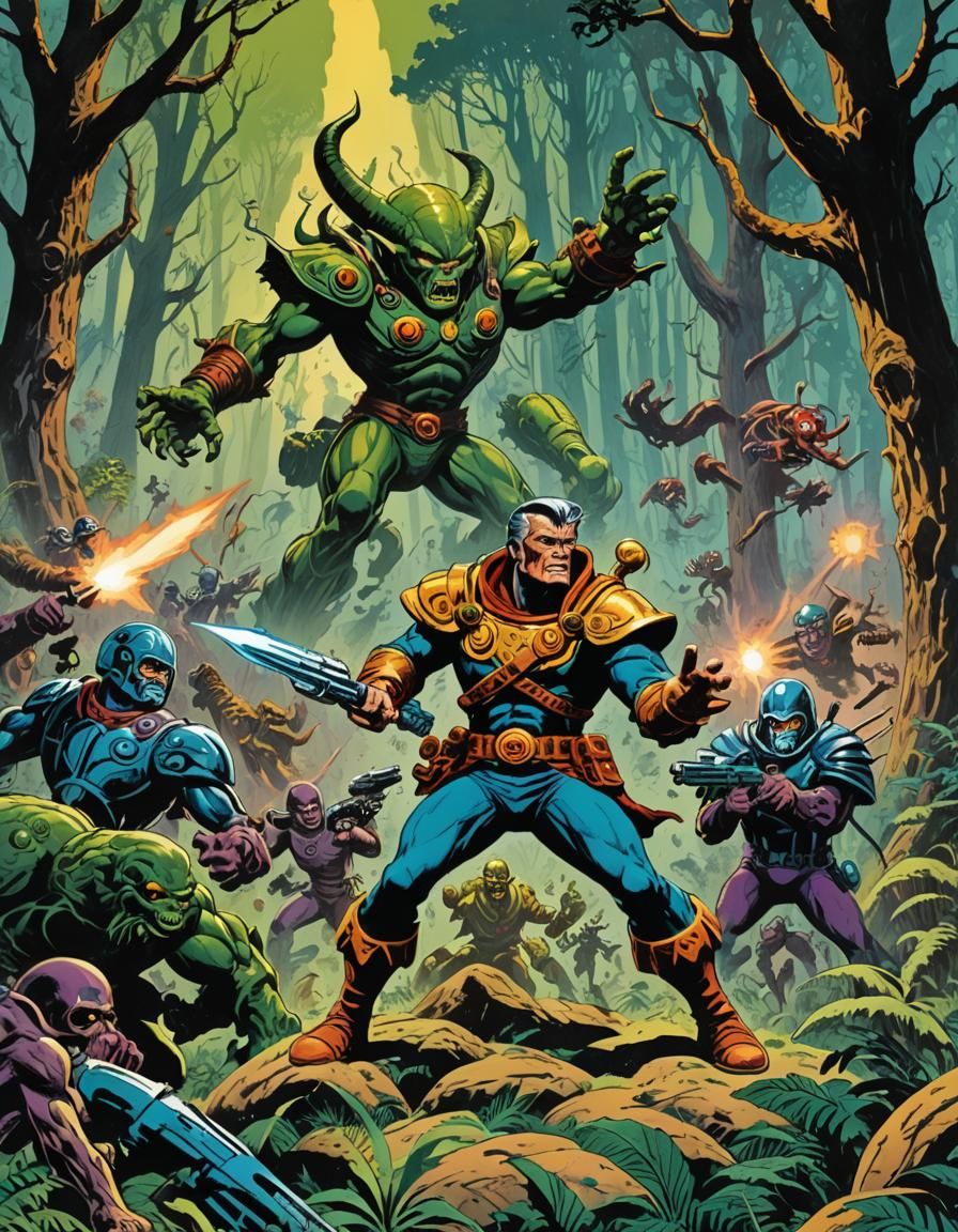 Wizard Man Versus Alien Warriors in Retro Comic Style