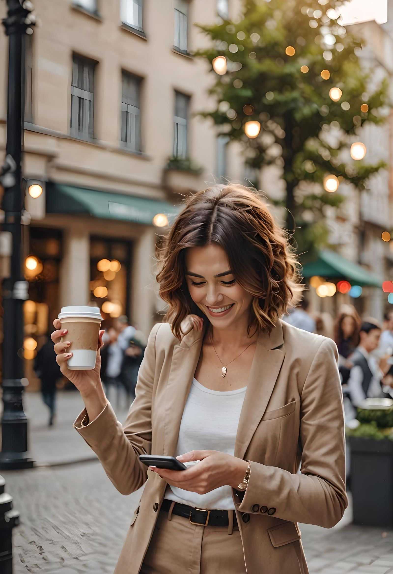Happy Woman Reading Email with Coffee