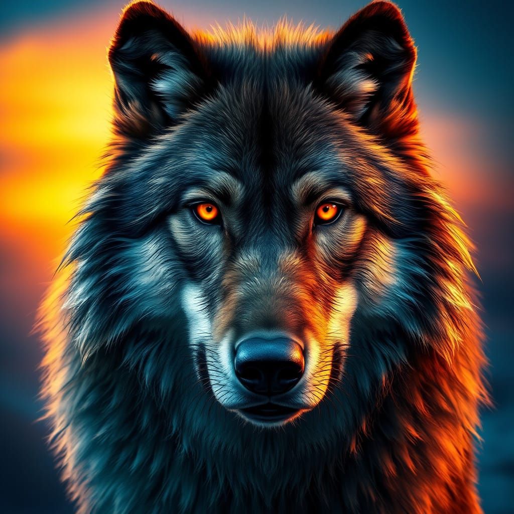 Majestic Wolf in Hyperrealistic Sunset Portrait