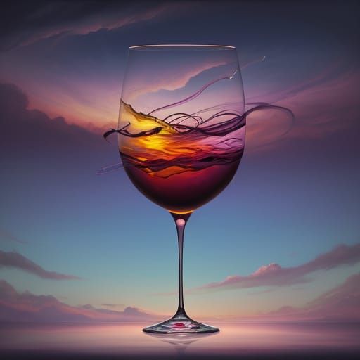 Surreal Wine Glasses Float Above Clouds in Dreamlike Oil Pai...