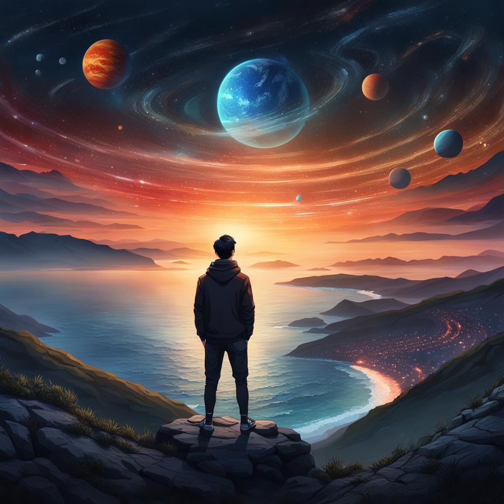 Man Gazing at Starry Ocean, Detailed Matte Painting