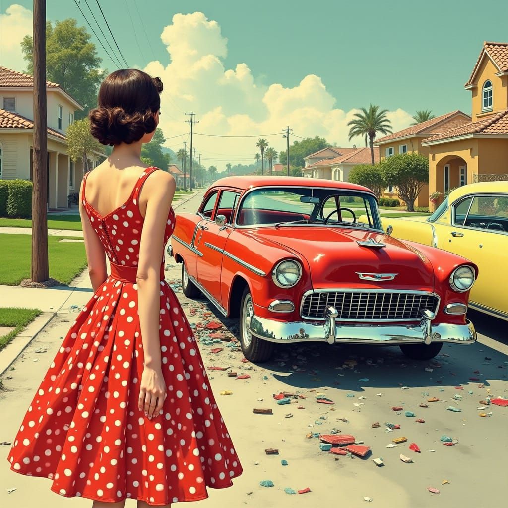 Woman in Red Polka Dot Dress Faces Car Crash in 1950s Suburb...