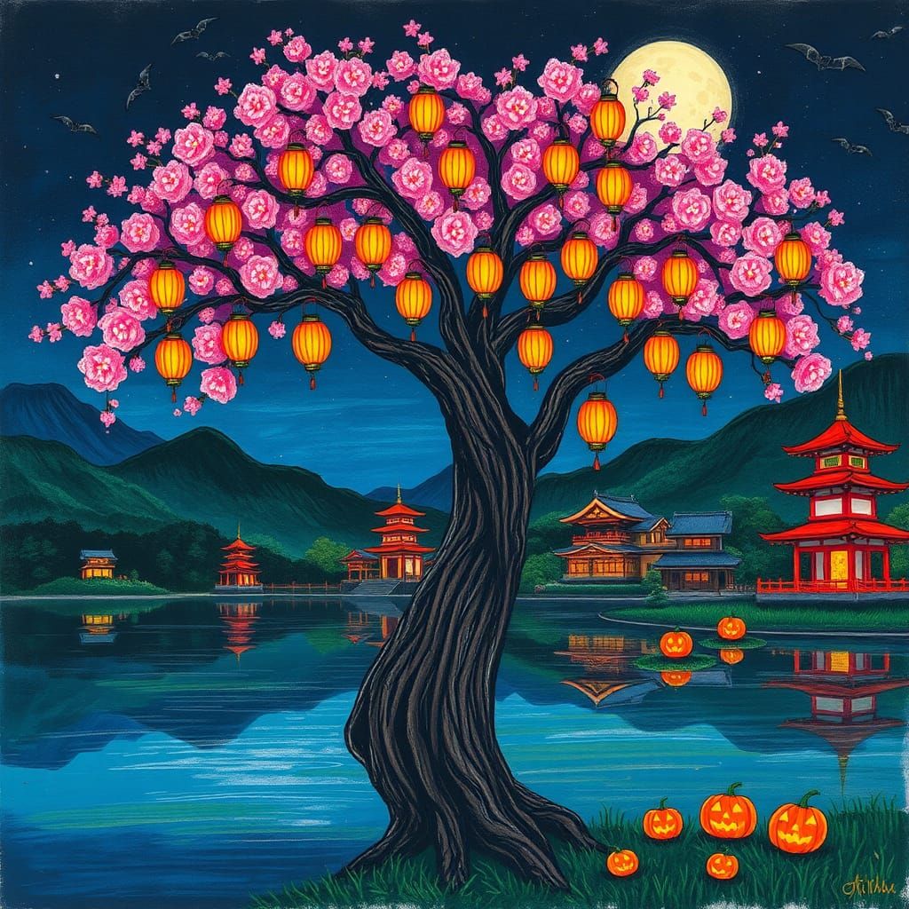 Child-like drawing,  crayons, A beautiful ancient sakura tre...