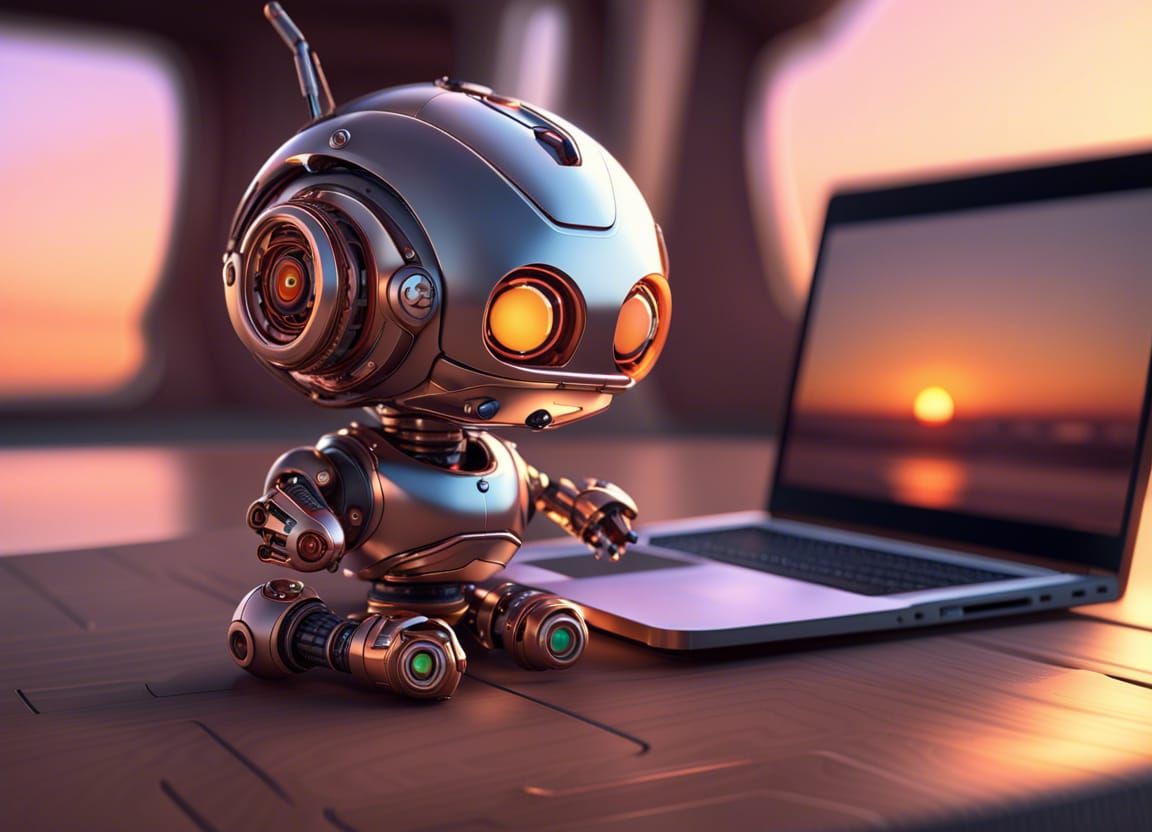 Friendly AI Chatbot on Laptop in Sunset Lighting