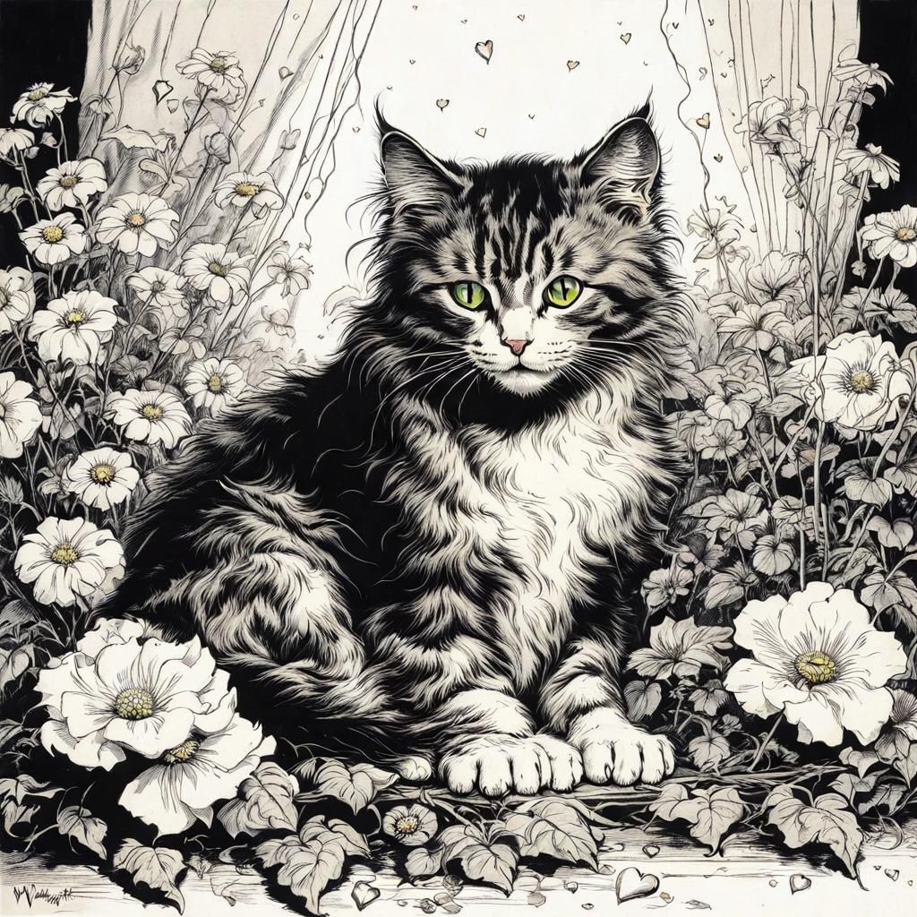 Cat Surrounded by Flowers in Gothic Horror Style