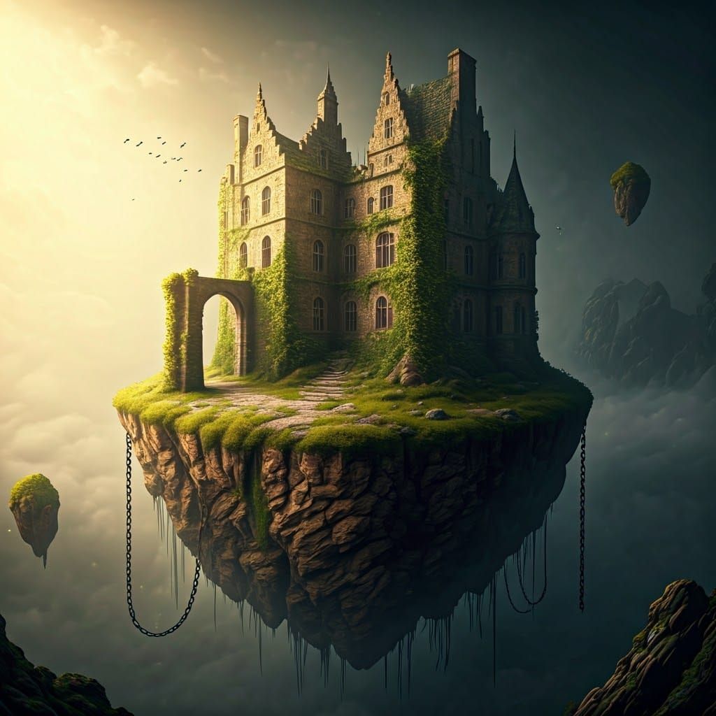 Mystical Floating Island with Medieval Castle Ruins