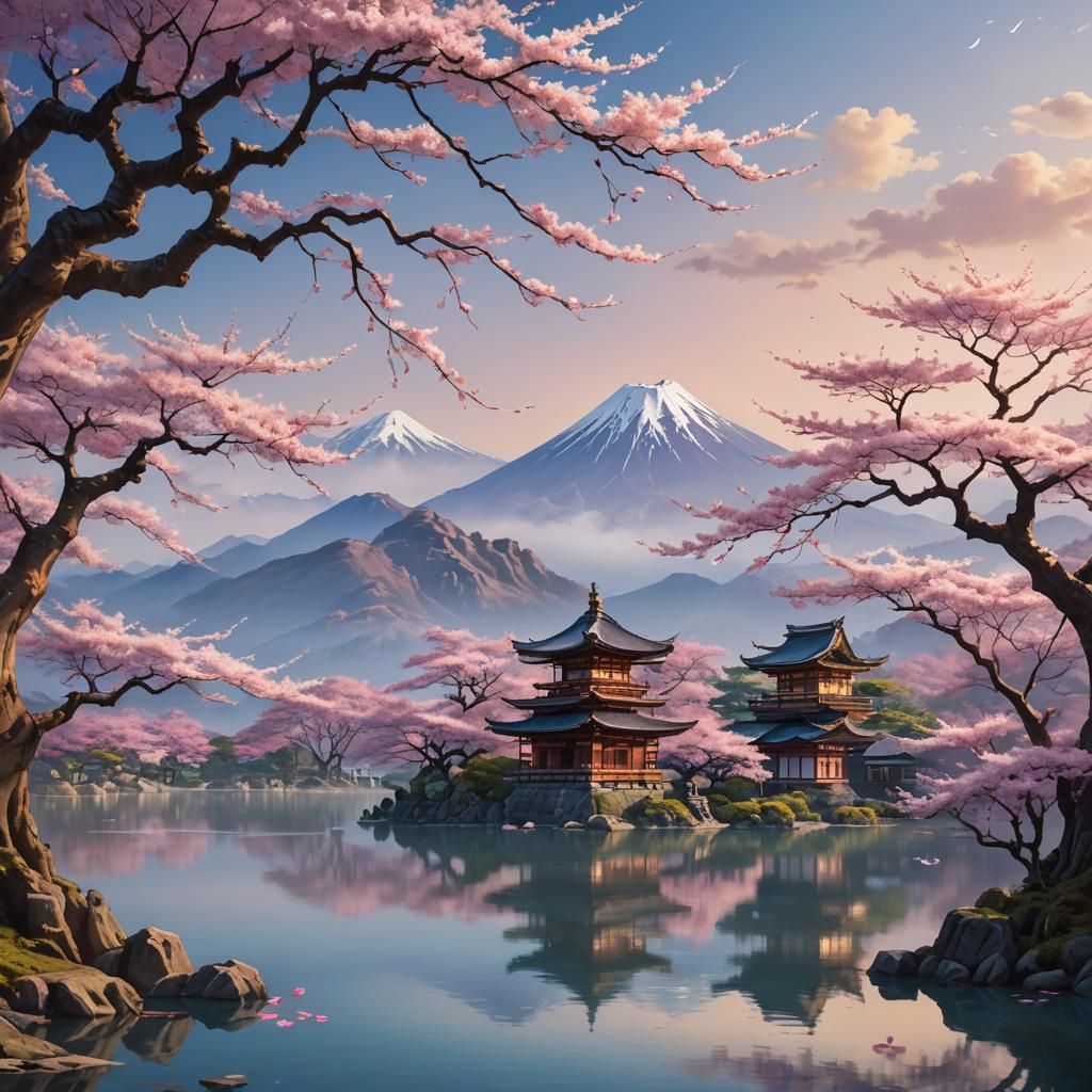 Sakura Tree by Lake: Japanese Fantasy Concept Art