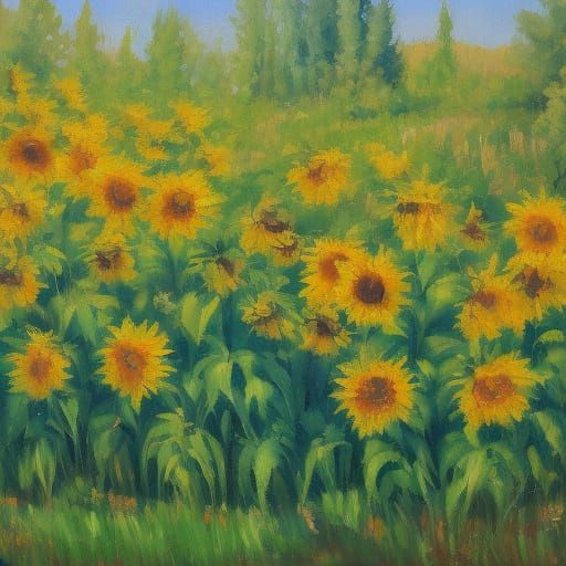 Impressionist Sunflower Field with Forest Backdrop