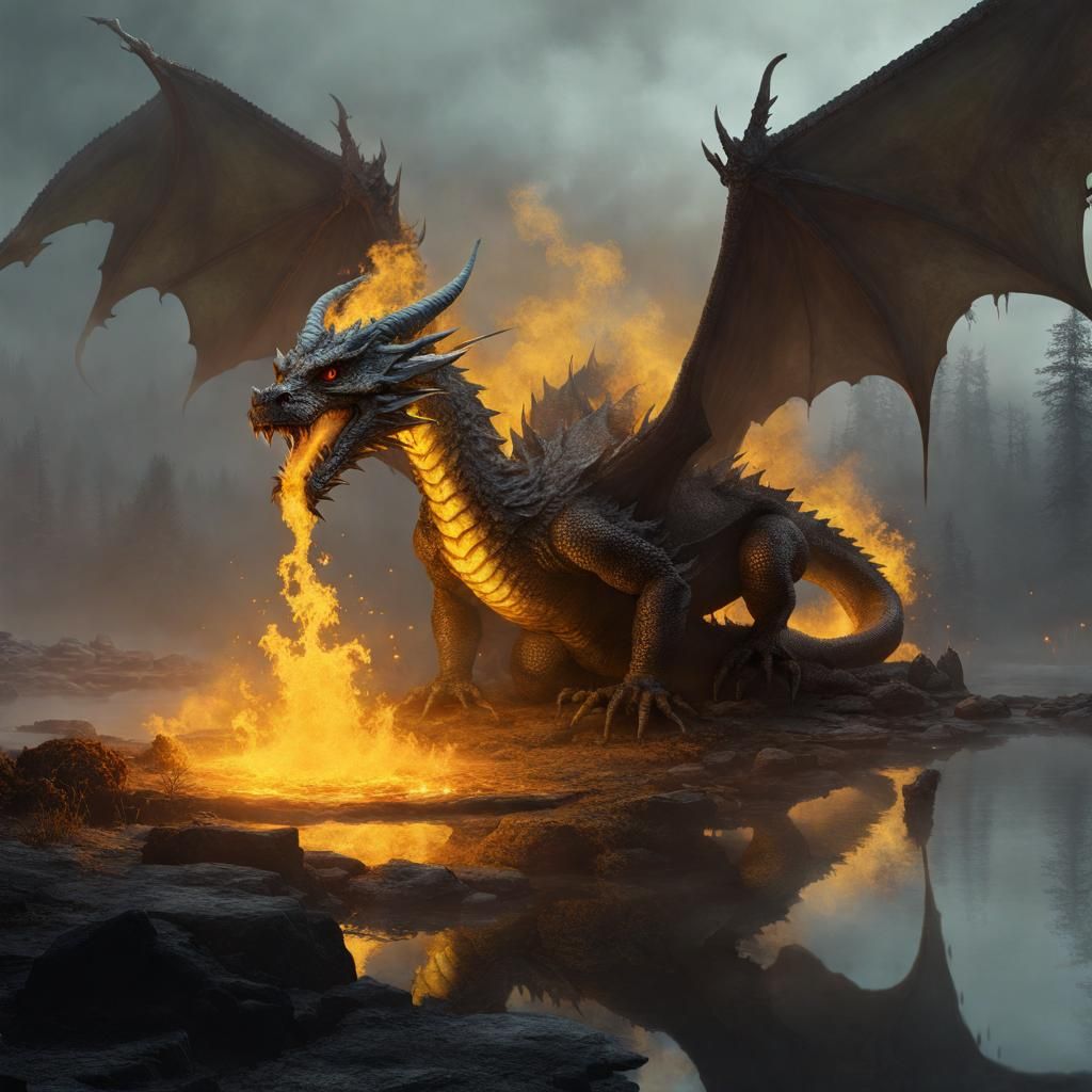Dragon in Sulfur Lake Dark Fantasy Art