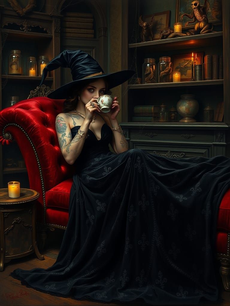 Elegant Witch Lounging in Shadowy Attic, Hyperrealistic Oil ...