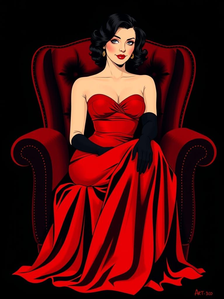 Art Deco Woman in Crimson Gown Illustration