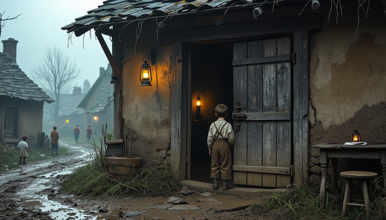 Boy Peeks into Dark Room with Faint Lantern Light