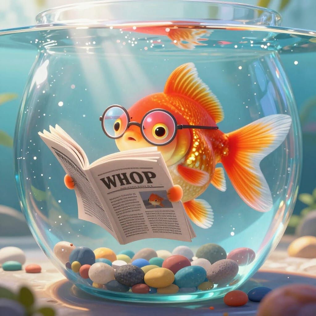 Whimsical Goldfish Reads Newspaper in Glass Bowl
