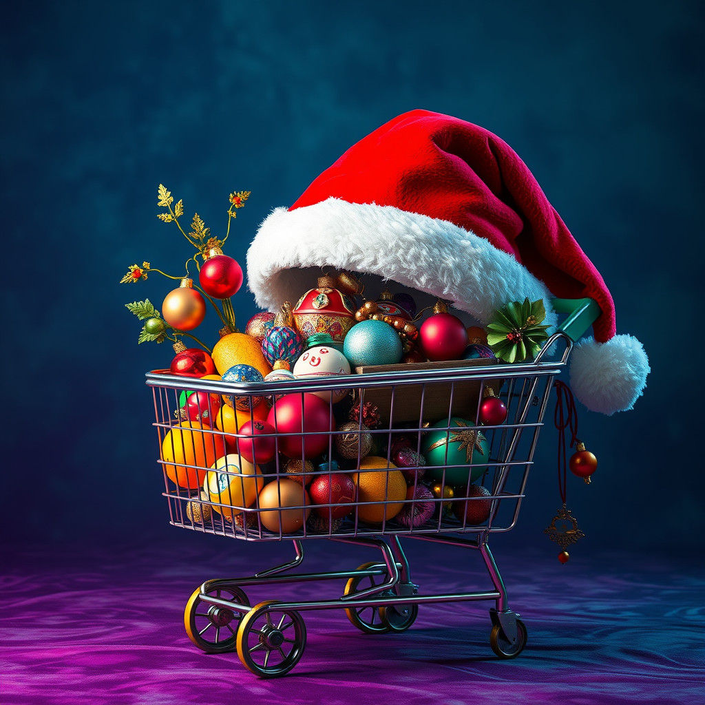Whimsical Christmas Cart Overflowing with Goods