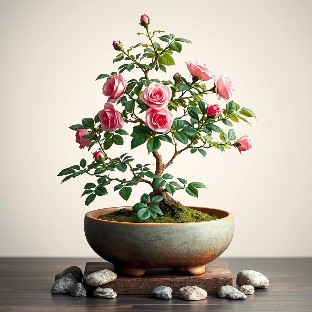 Bonsai Rose in Serene Japanese Garden