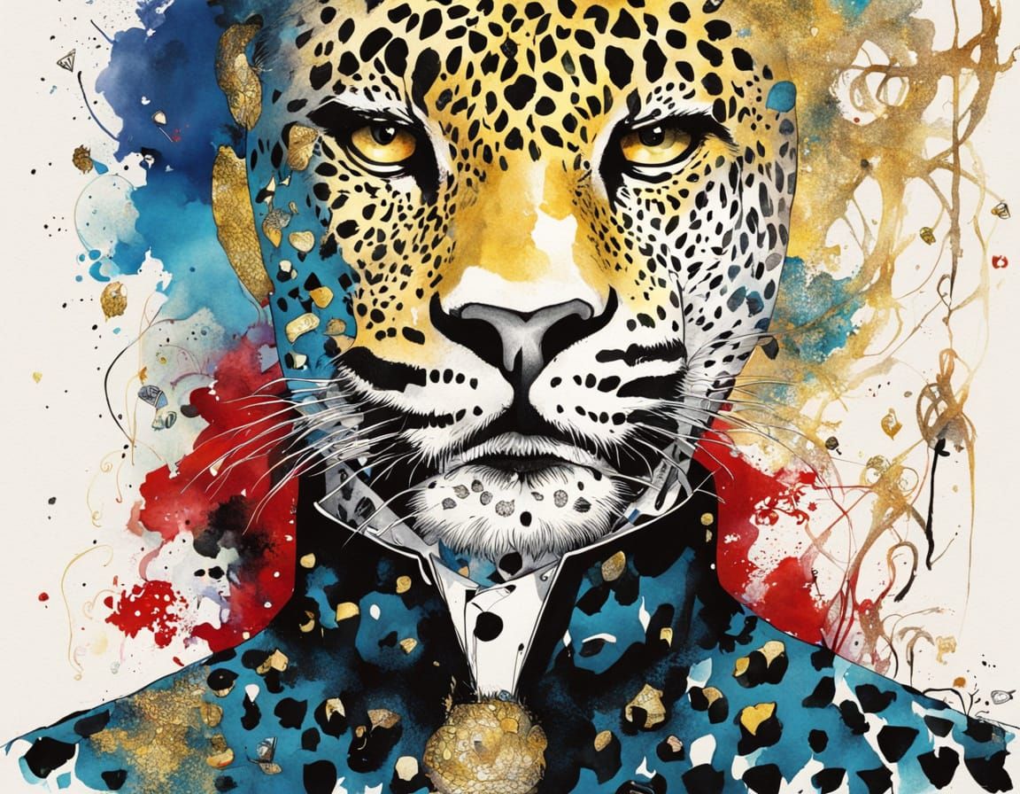 Swedish Man Half Leopard with Gemstones in Bold Tattoo Style
