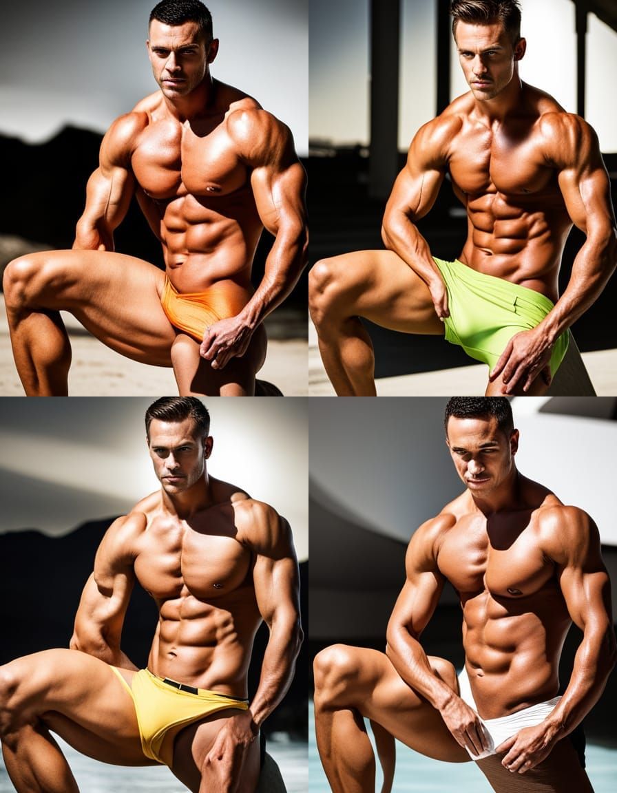 Muscular Bodybuilder Poses on Beach: Professional Portrait