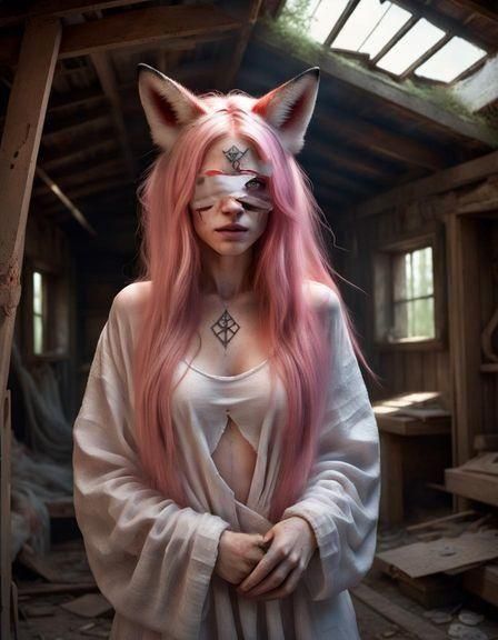 Fox-Eared Woman in Abandoned Toolshed, 3D Render