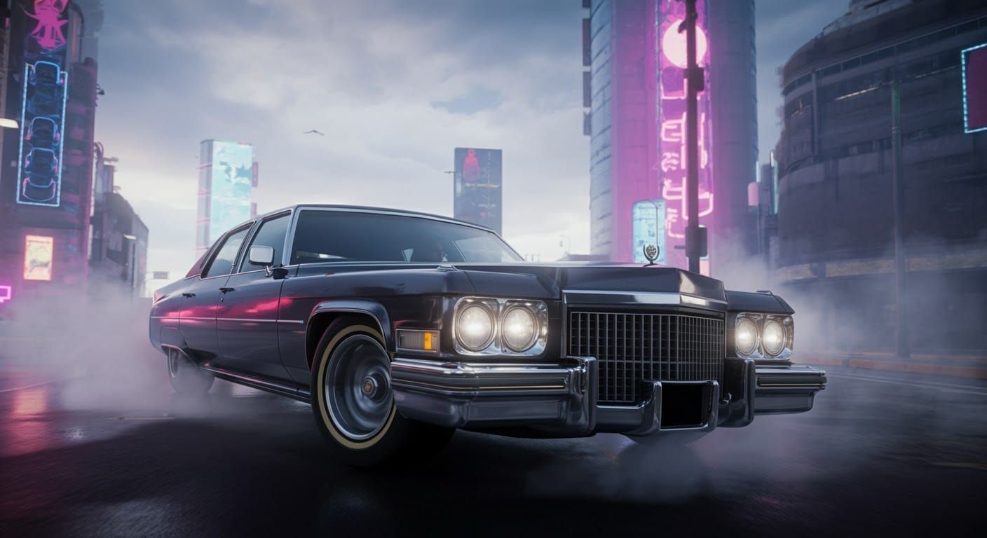 Cadillac Limousine Drifting in Post-Futurist Cityscape