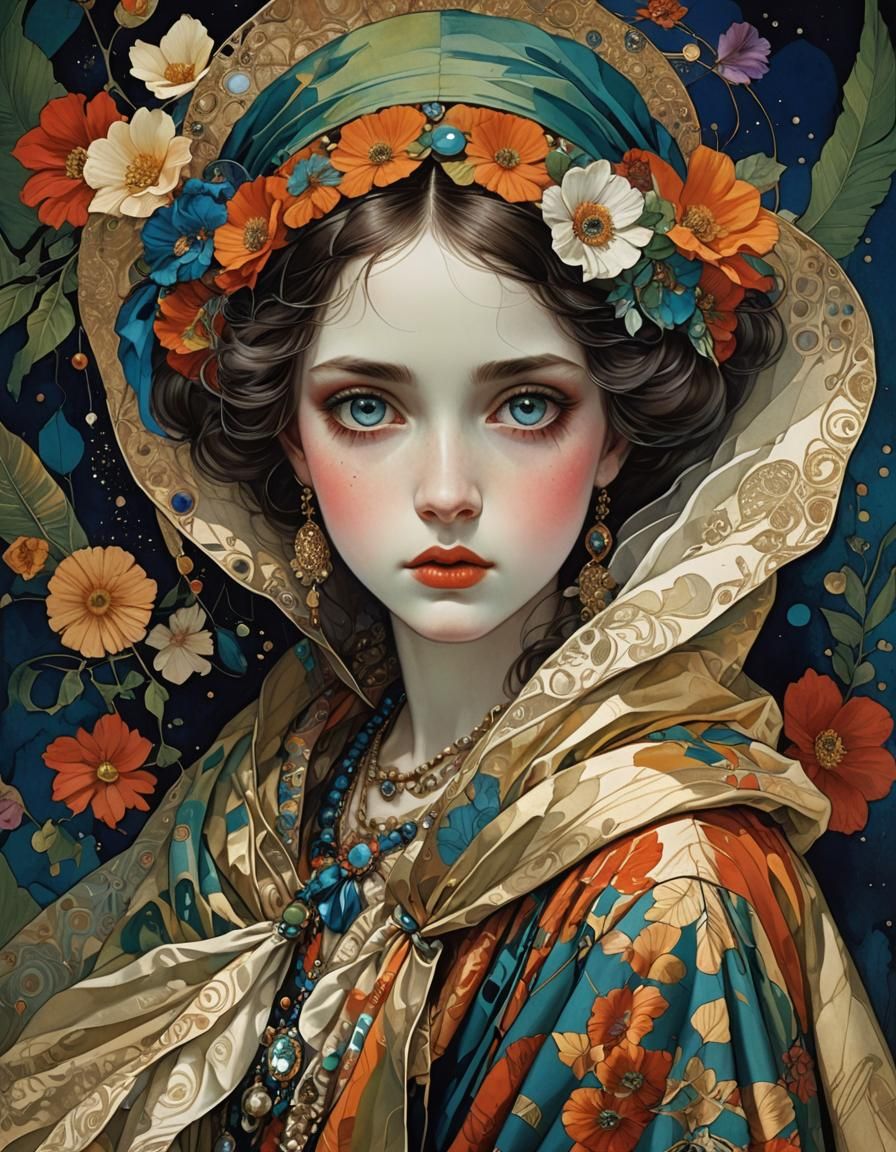 Fantasy Girl Portrait in Harry Clarke Style