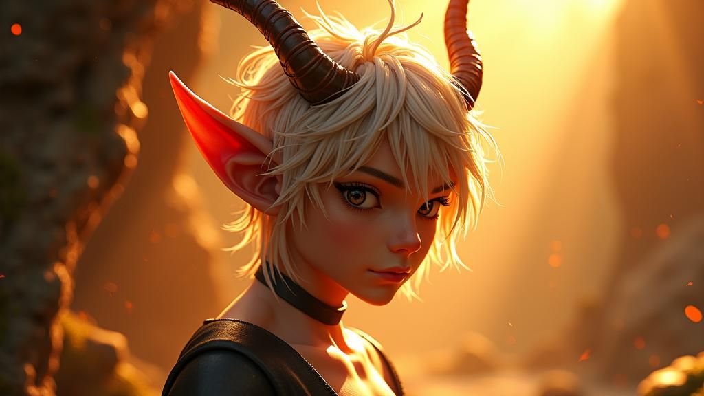 Anime Devil with Platinum Hair in Golden Light